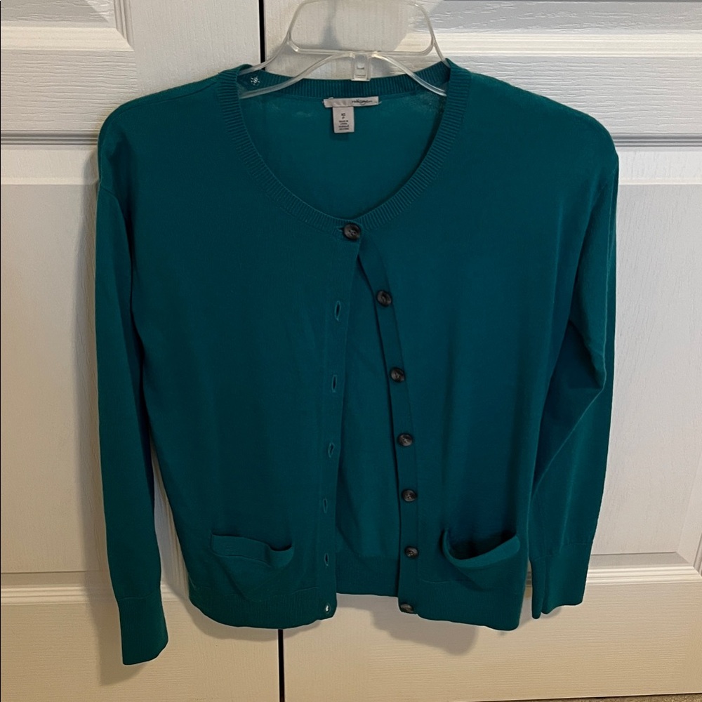Halogen Teal Button-Front Crewneck Cardigan